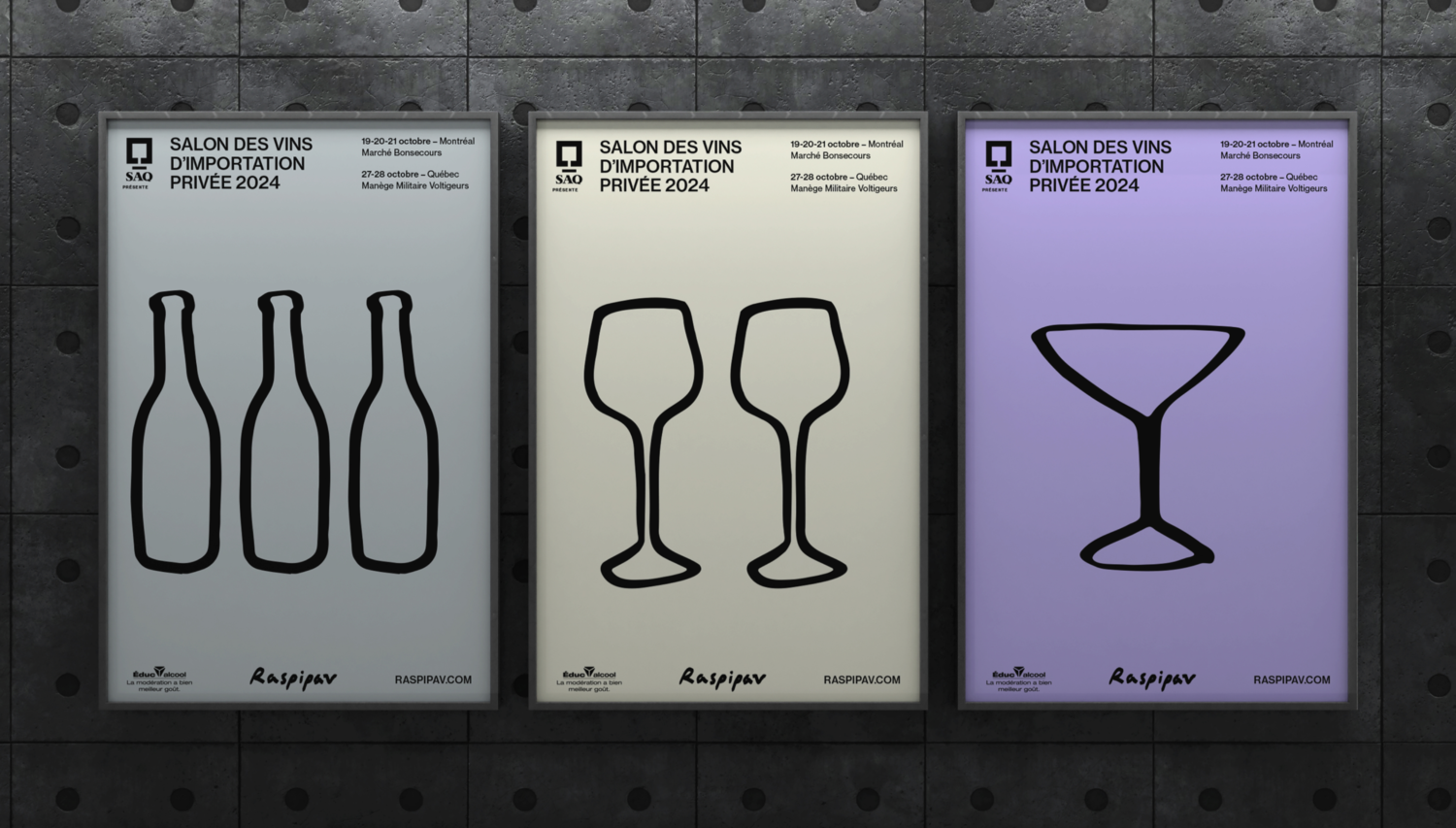 Affiches du Salon des Vins d’Importation Privée 2024 par RASPIPAV : design minimaliste avec illustrations linéaires de bouteilles, verres et cocktails, palette sobre et typographie manuscrite.