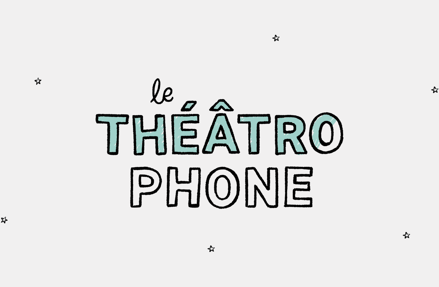 Logo « le THÉÂTROPHONE » sur fond gris clair. Le texte est entouré de petites étoiles dessinées à la main, avec un effet de remplissage texturé vert menthe à l'intérieur des lettres.