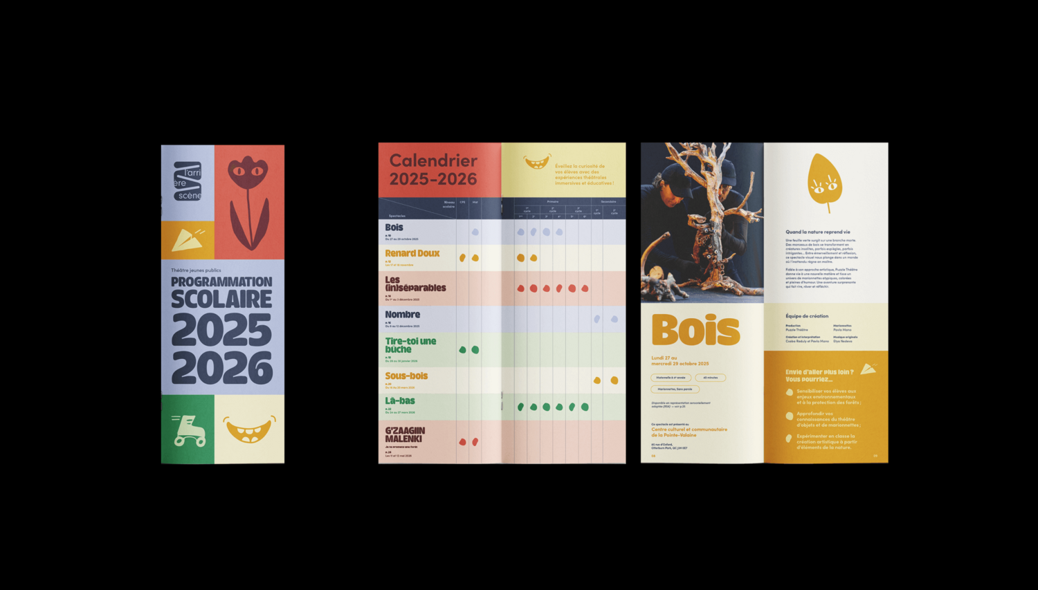 Affiches et calendrier du programme scolaire 2025-2026, présentant le design éditorial et la charte graphique.