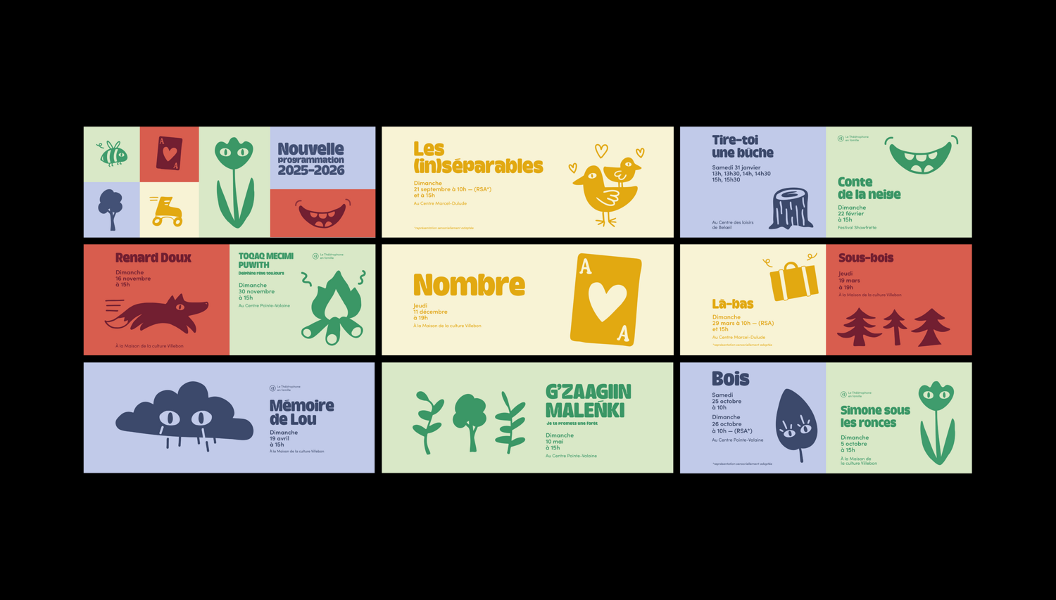 Mosaïque des visuels clés de la saison 2025-2026, montrant la palette de couleurs et la typographie de la nouvelle identité.