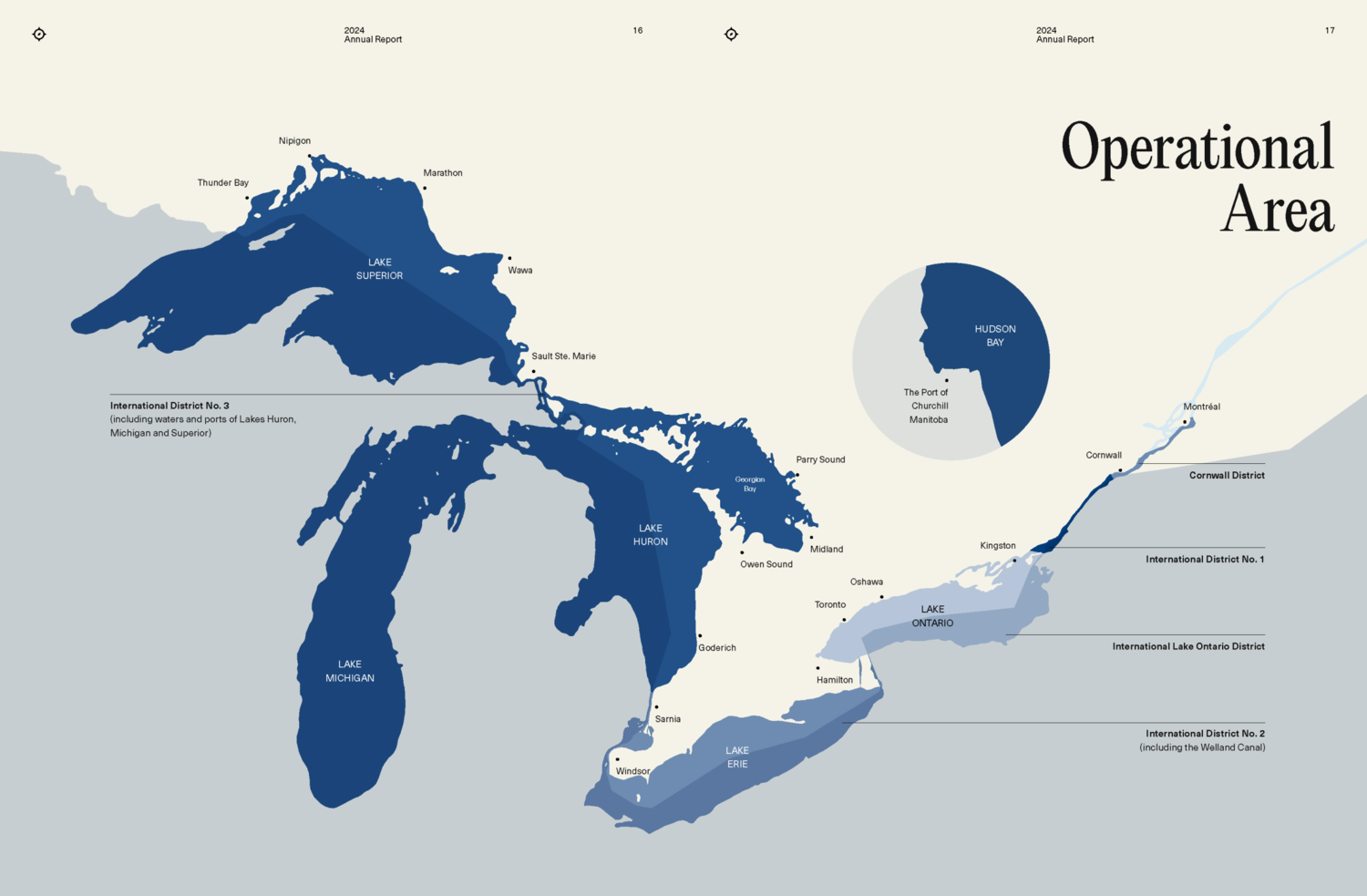Carte détaillée de la « Zone Opérationnelle » qui s'étend des Grands Lacs à la baie d'Hudson. Ce visuel illustre précisément les voies navigables, les ports principaux et les districts de pilotage, comme le Port de Montréal et le canal Welland.