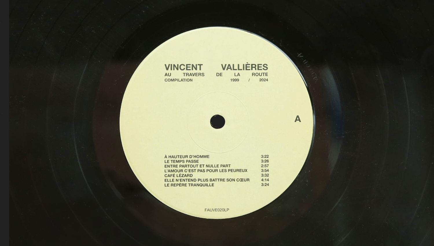 Vue en plongée du disque vinyle entier hors de sa pochette. L'image capture la totalité du disque noir avec ses sillons visibles et l'étiquette centrale jaune pâle.