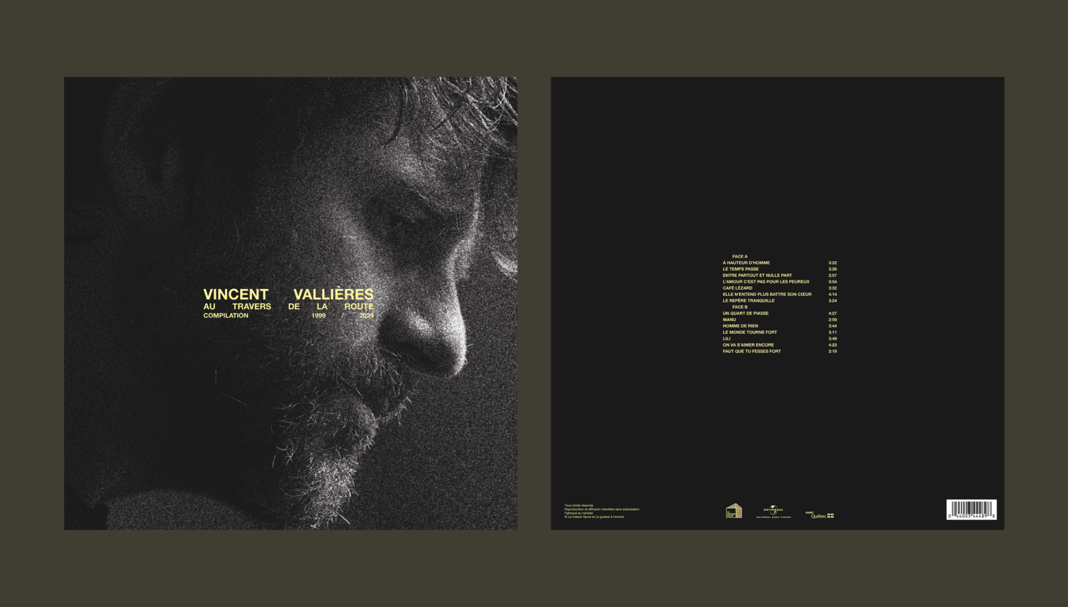 Présentation numérique à plat (« flat lay ») montrant le recto et le verso de la pochette côte à côte. À gauche, le portrait de l'artiste ; à droite, le verso noir minimaliste listant les pistes de la Face A et de la Face B.