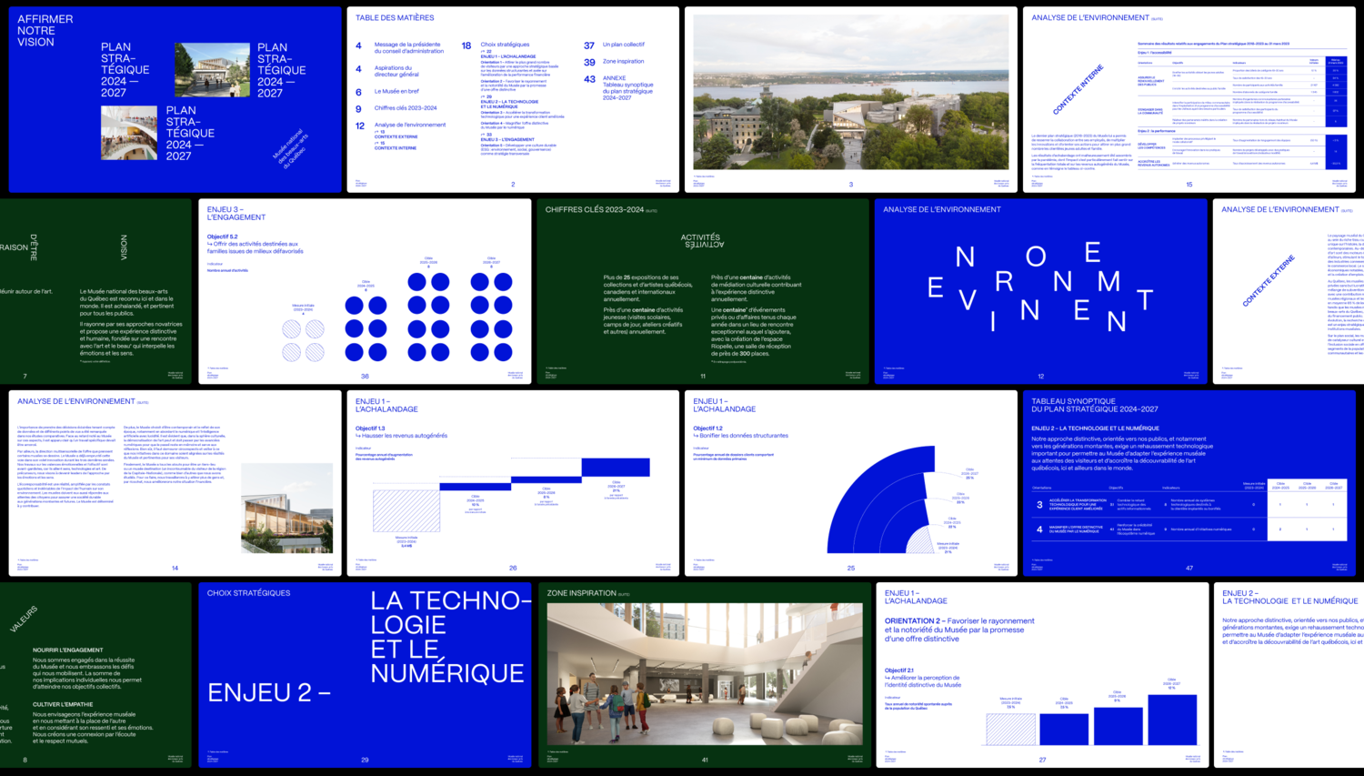 Mosaïque (vue "table lumineuse") présentant l'ensemble des diapositives et doubles pages du document du Plan stratégique 2024-2027, offrant une vue globale de la structure et du design graphique du document.