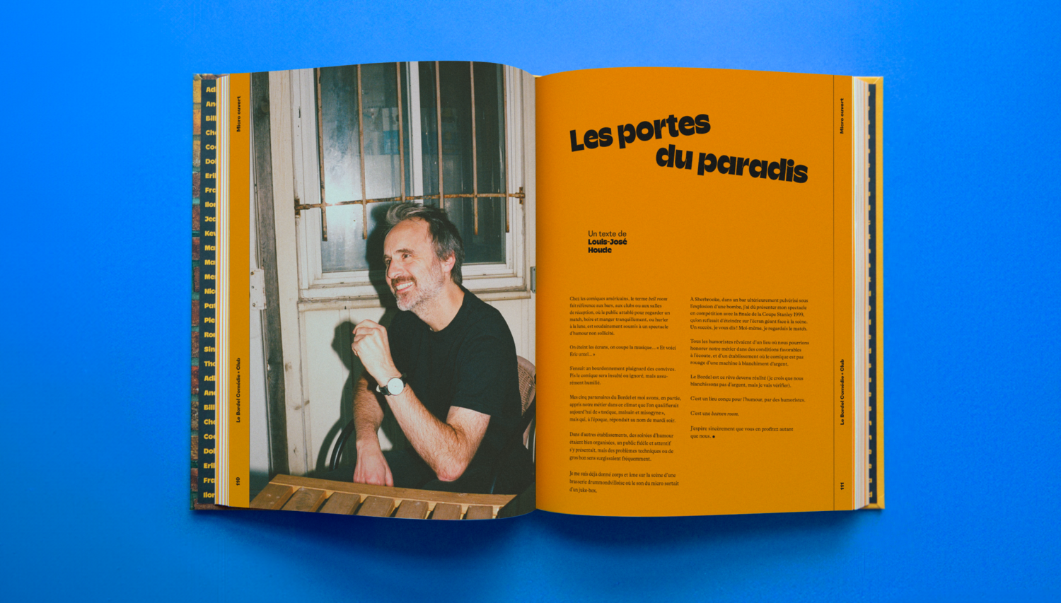 Double page présentant un texte de Louis-José Houde intitulé « Les portes du paradis », accompagnée d'un portrait souriant de l'humoriste.