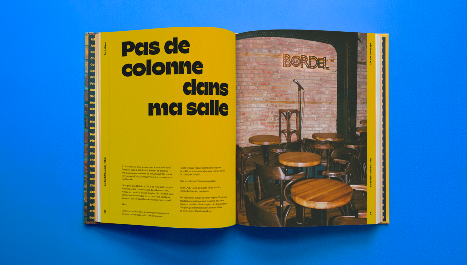 Double page explorant les défis architecturaux du club avec le titre percutant « Pas de colonne dans ma salle », illustrée par la scène vide et intime.