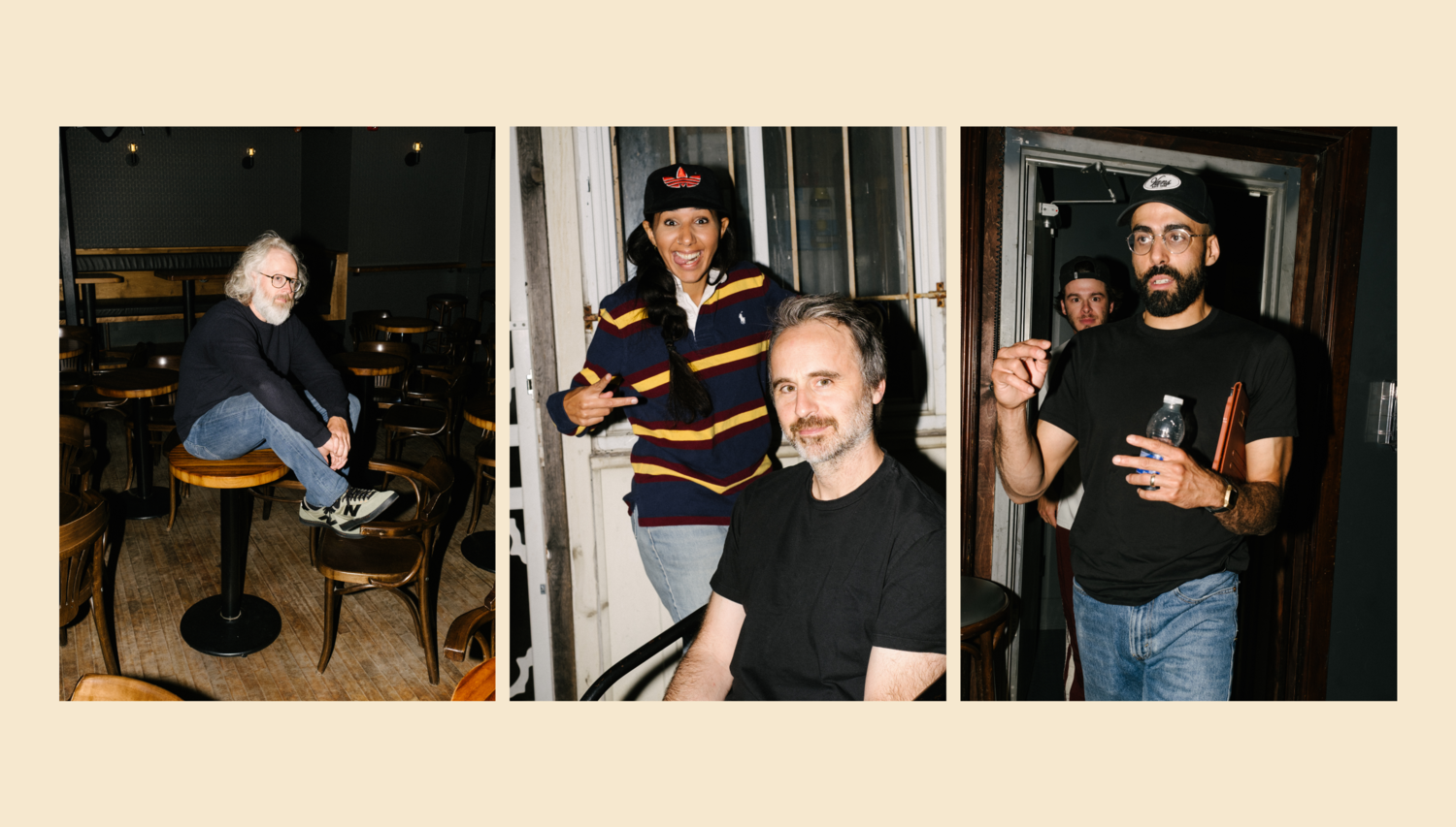 Triptyque de photographies candides montrant les visages familiers du club dans des moments de pause et de préparation.