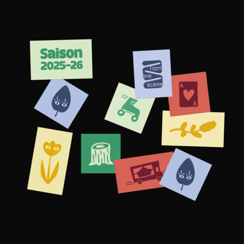 Dispersion des cartes visuelles de la saison 2025-2026 de l'Arrière Scène, présentant la diversité des iconographies.