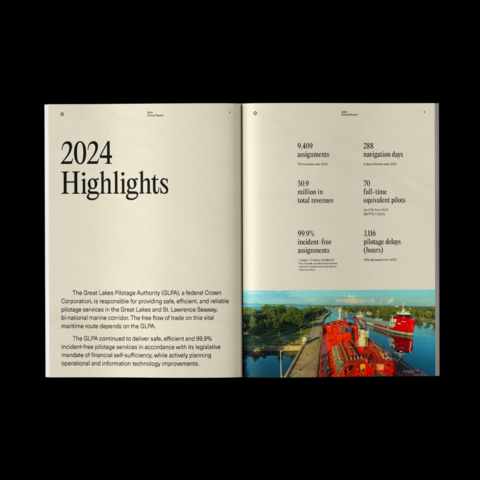 Double page des « 2024 Highlights » du rapport, alliant texte, statistiques clés et une photo vivide prise depuis le pont d'un navire. La mise en page met en avant les réalisations de l'année de façon percutante.