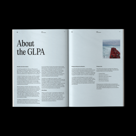 Section « About the GLPA » (À propos de l'APGL) qui décrit la mission et la vision de l'organisation sur deux pages. La mise en page épurée est complétée par une photo illustrant un pilote dans des conditions de navigation hivernales.