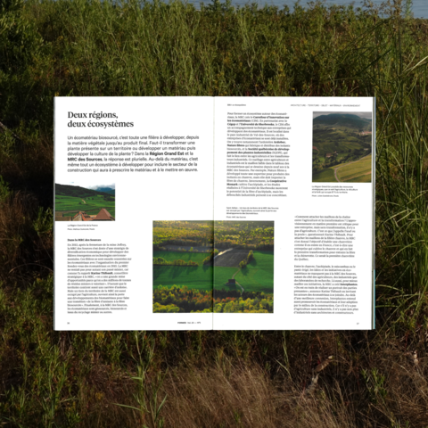 Une double page du magazine Formes est présentée au milieu d’un champ verdoyant, mettant en valeur des projets d'architecture intégrés à leur paysage. Cette composition souligne l'importance de la conception en harmonie avec le territoire.