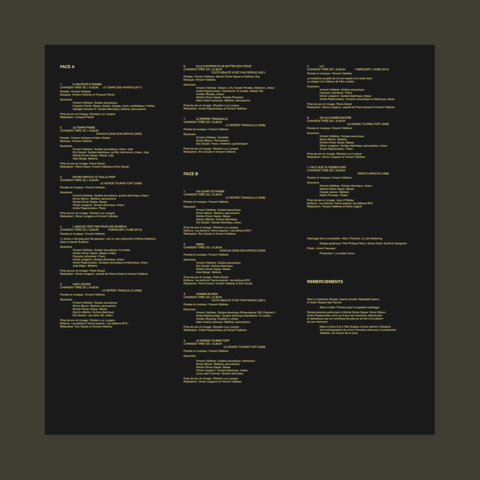 Image détaillée des crédits de l'album (probablement l'insert ou l'intérieur de la pochette). Le texte blanc et jaune sur fond noir liste les chansons, les musiciens, les paroles et les équipes de production pour chaque face.