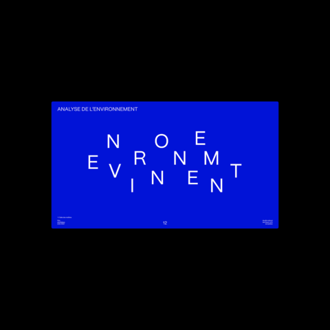 Page de titre de section sur fond bleu avec le texte "ANALYSE DE L'ENVIRONNEMENT". La typographie du mot "ENVIRONNEMENT" est déstructurée et dispersée artistiquement au centre de la page