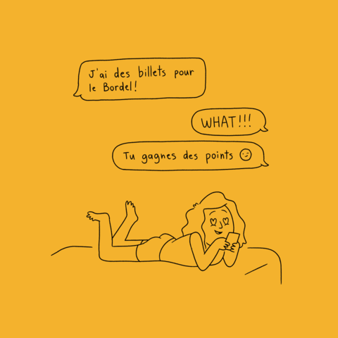 Illustration minimaliste sur fond jaune vibrant montrant une fan surexcitée d'avoir obtenu des billets, soulignant l'aspect culte et convoité du lieu.
