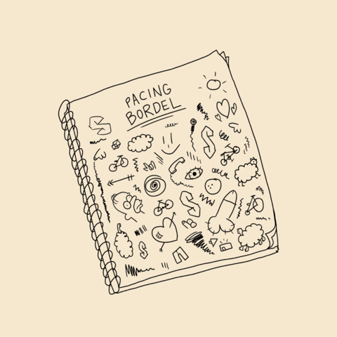 Illustration d'un carnet de notes de type « sketchbook » intitulé Pacing Bordel, rempli de gribouillis créatifs qui évoquent le processus de création des humoristes.