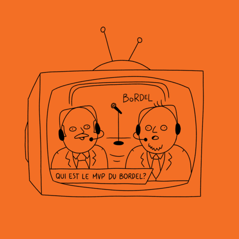 Illustration satirique sur fond orange montrant deux commentateurs dans une télévision vintage se posant la question ultime : « Qui est le MVP du Bordel ? ».