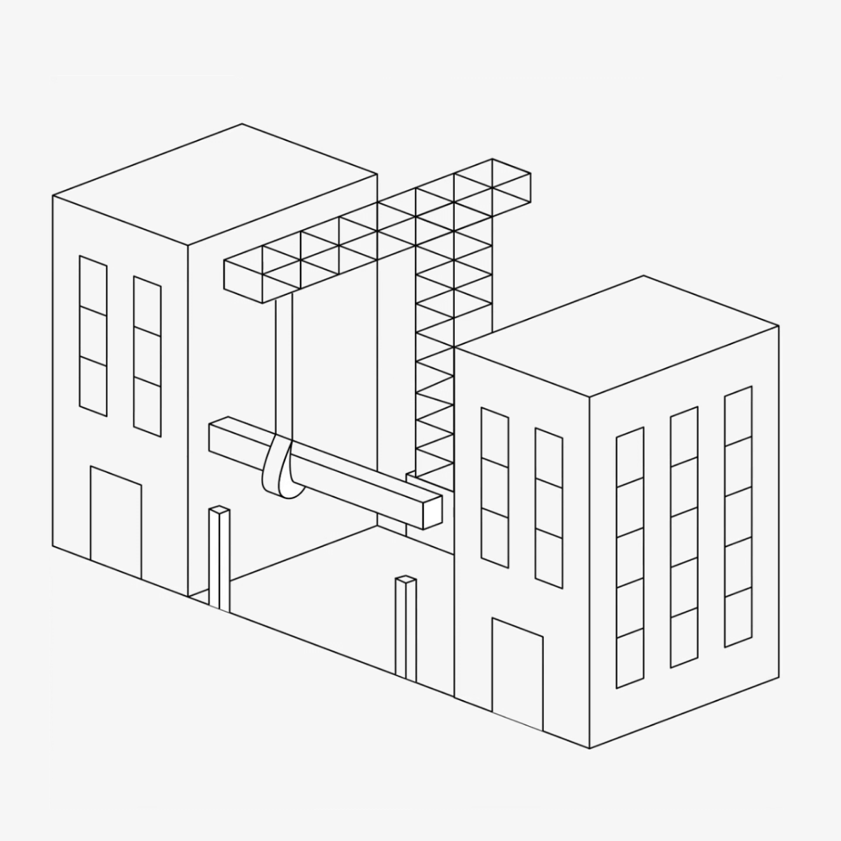 Illustration isométrique épurée d'une structure architecturale, symbolisant les services d'ingénierie structurelle offerts par Solid.