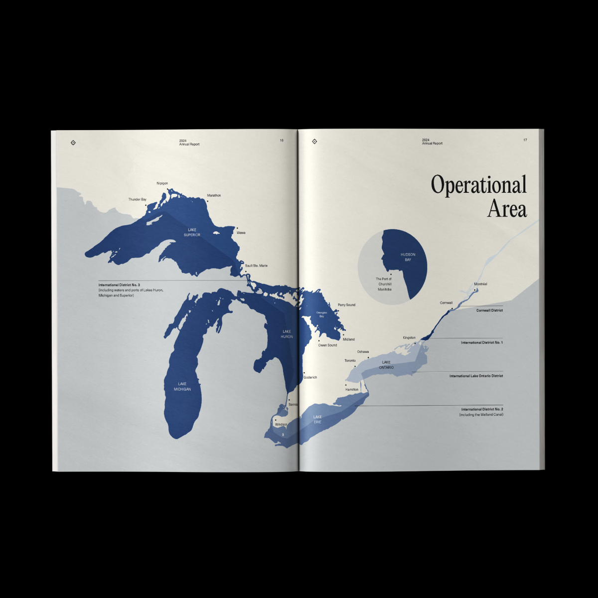 Double page illustrant la carte de la « Zone Opérationnelle » de l'organisation. La carte détaillée met en évidence les Grands Lacs et le fleuve Saint-Laurent, indiquant les principales voies de navigation.