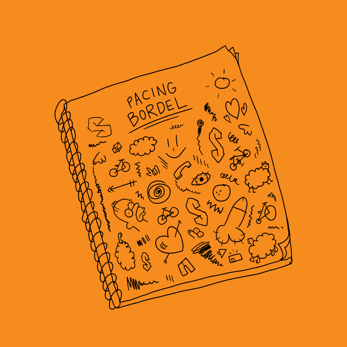 Illustration sur fond orange du carnet de notes « Pacing Bordel », rempli de gribouillis et de concepts créatifs spontanés.