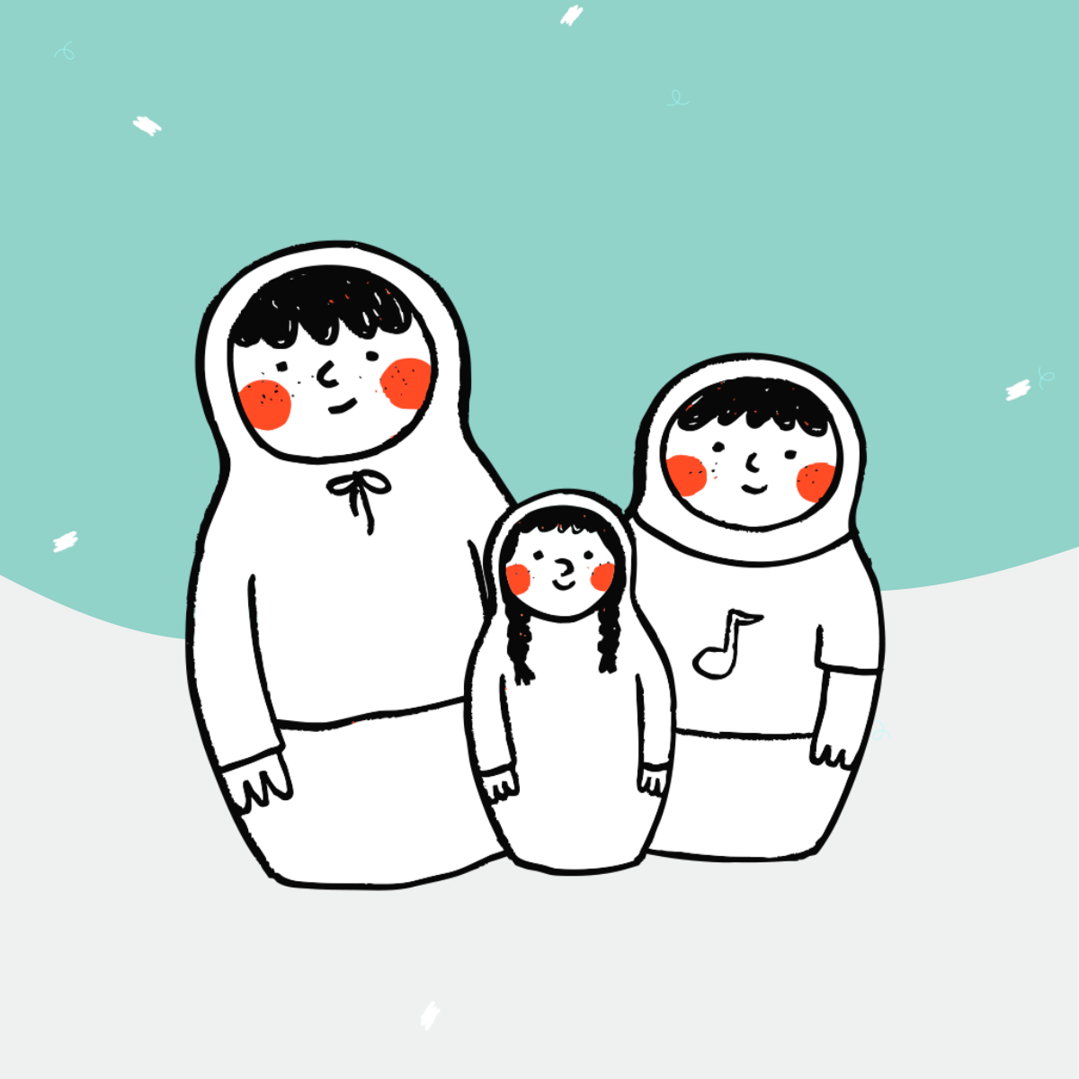 Illustration de trois poupées russes (matriochkas) stylisées avec des joues rouges. Elles sont disposées sur un fond bicolore gris et vert menthe.
