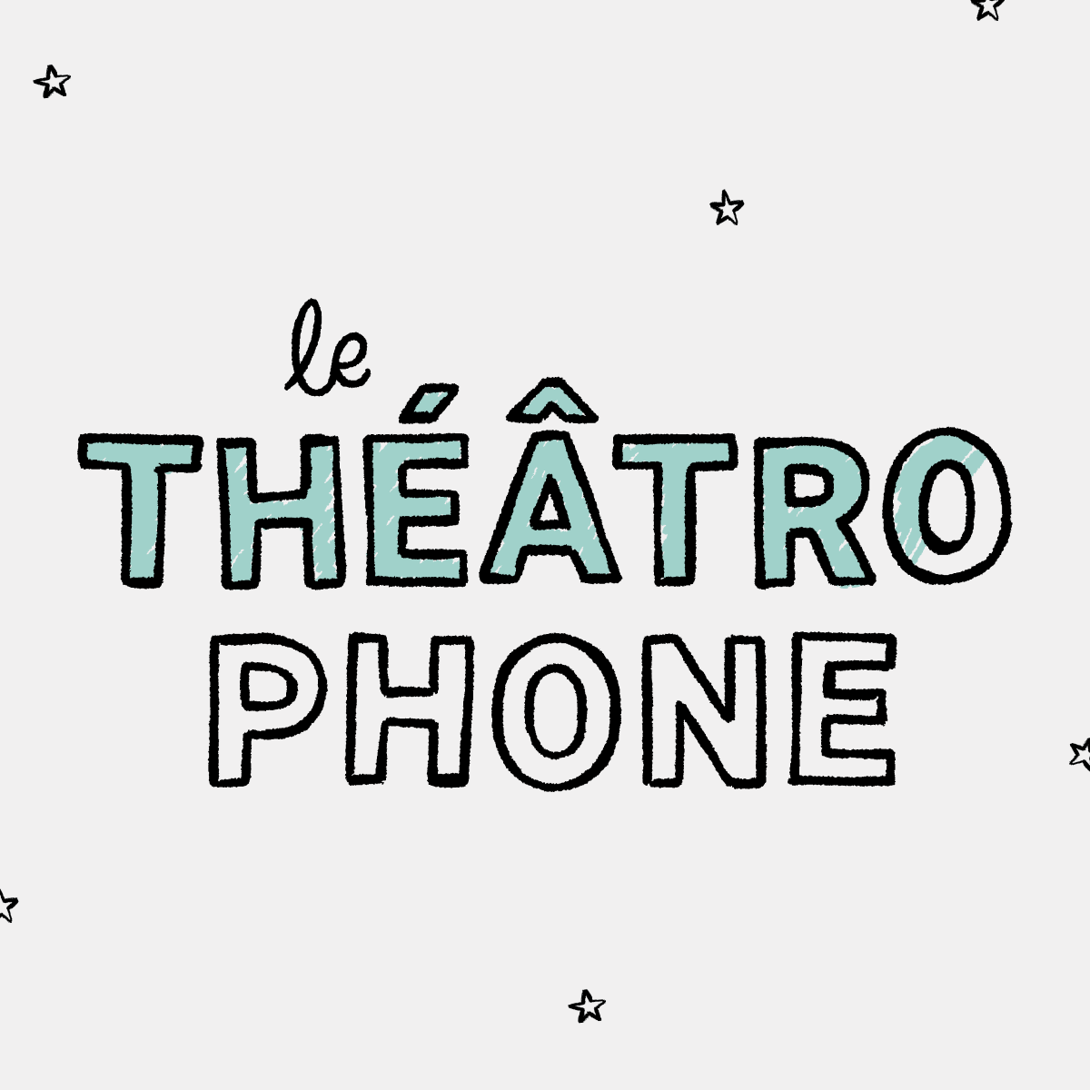 Vignette carrée reprenant le logo « le THÉÂTROPHONE » accompagné de petites étoiles noires éparpillées sur un fond gris neutre.