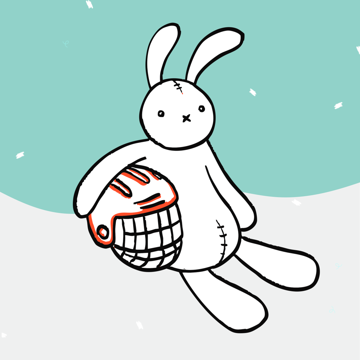 Illustration minimaliste d'un lapin en peluche blanc tenant un casque de protection sous le bras, sur un fond graphique vert menthe et gris.