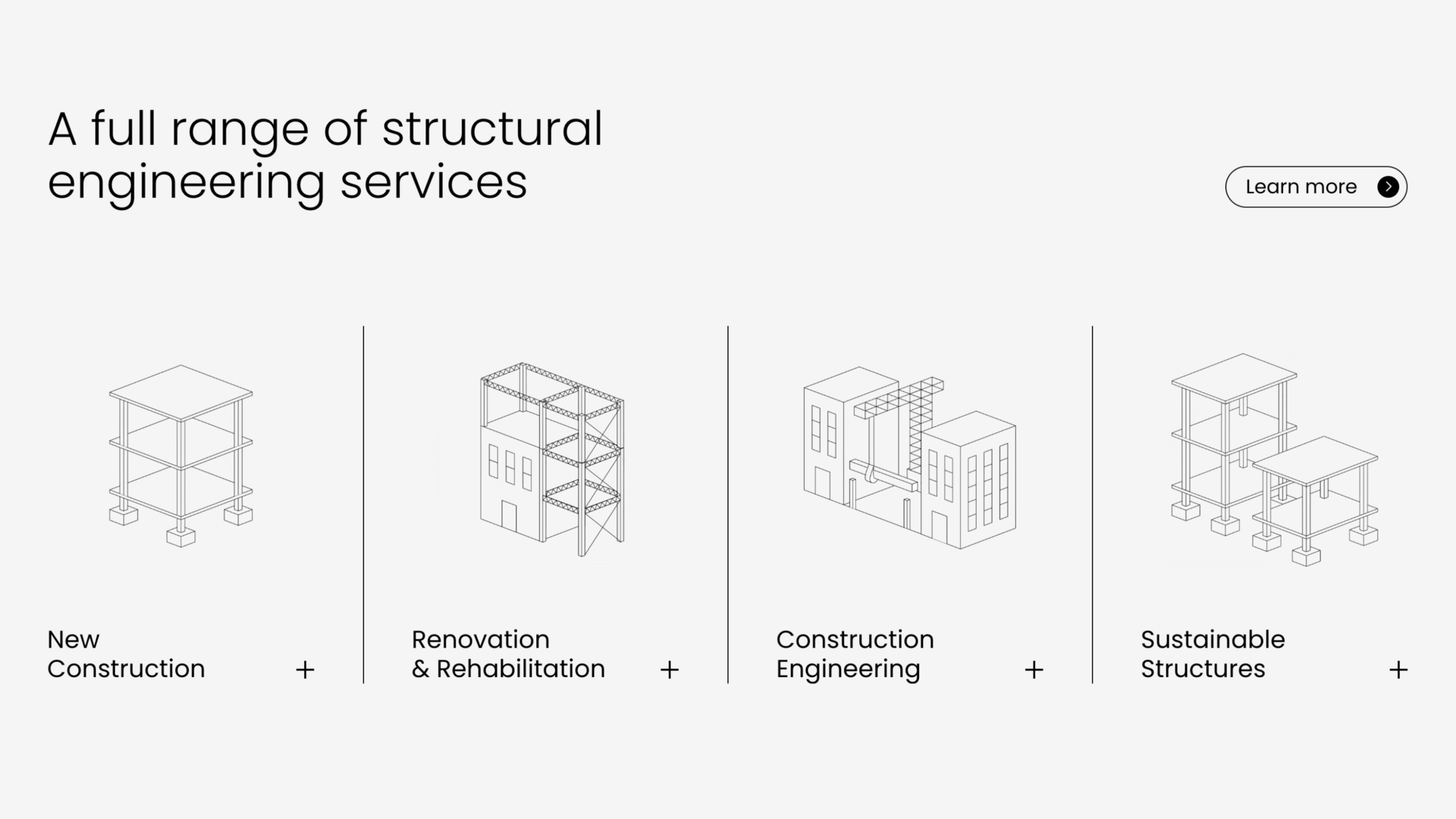 Interface web épurée présentant les services d'ingénierie structurale. Le design utilise des schémas techniques et des dessins isométriques pour illustrer quatre pôles d'expertise : la construction neuve, la rénovation, l'ingénierie de construction et les structures durables.